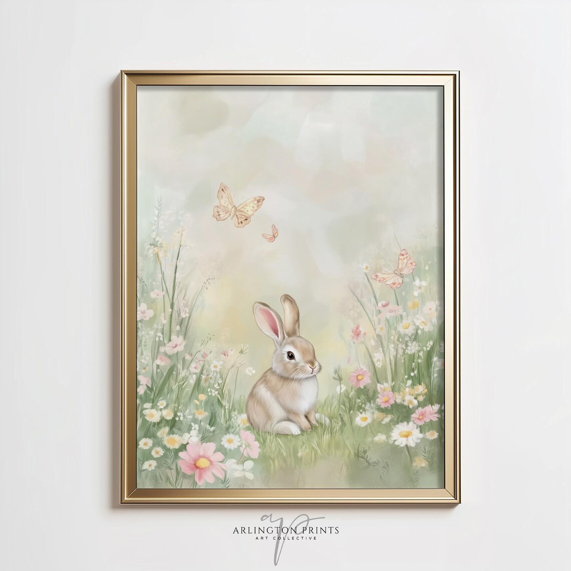 Baby Bunny in Wildflower Meadow with Butterflies Soft Nursery Print