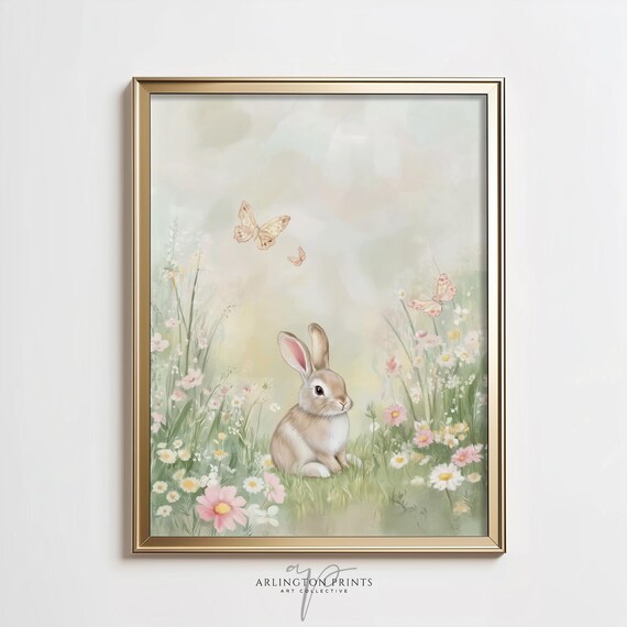 Baby Bunny in Wildflower Meadow with Butterflies Soft Nursery Print