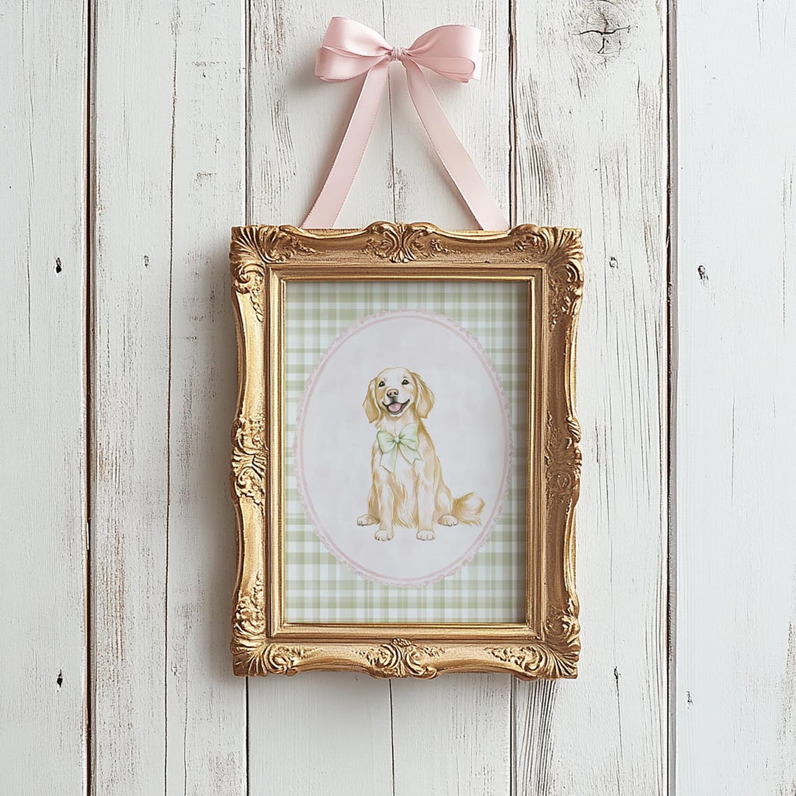 Golden Retriever Puppy Wearing Bow Gingham Nursery Art Poster - Image 2