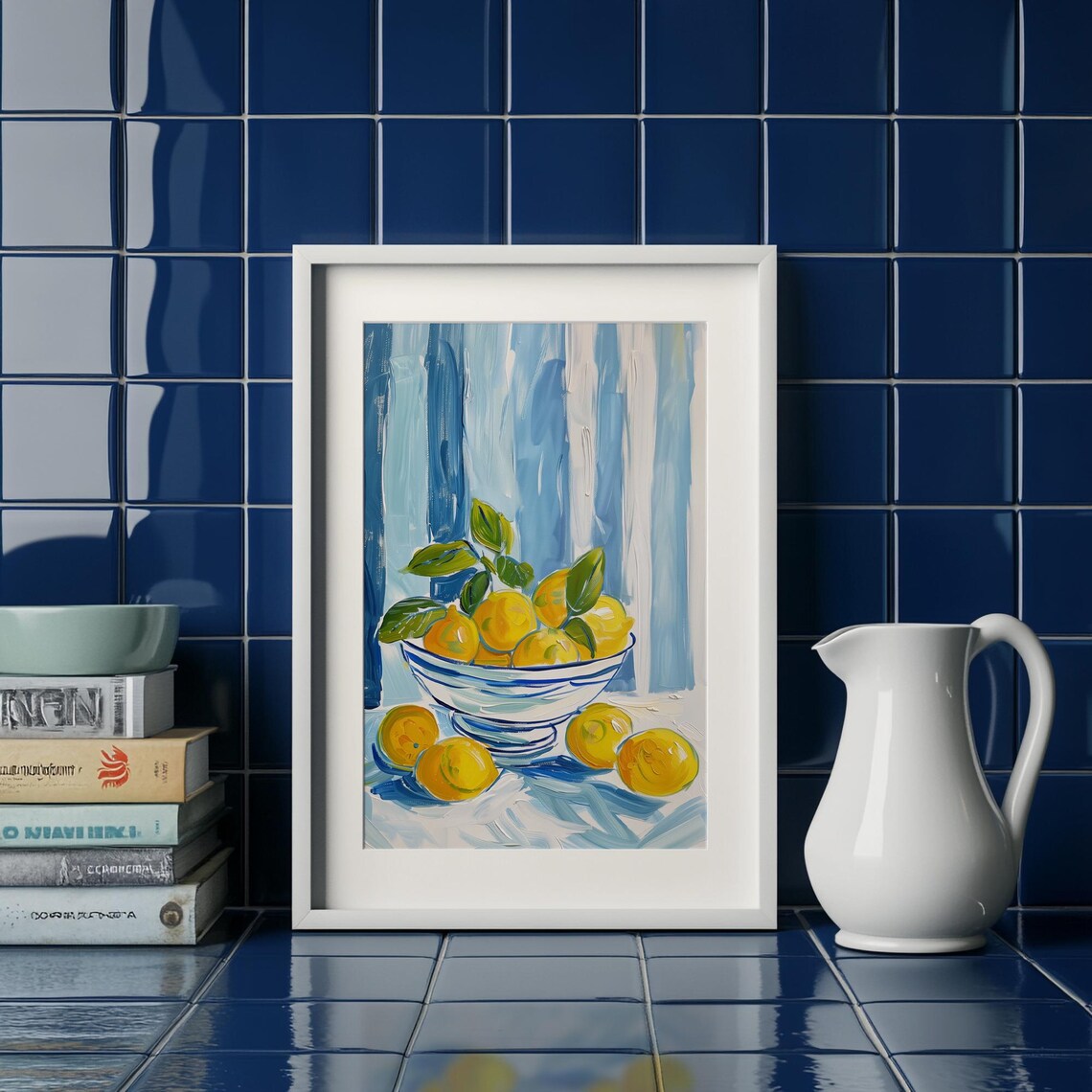 Blue Stripe Lemons Kitchen Art Print, Modern Citrus Decor - Image 4