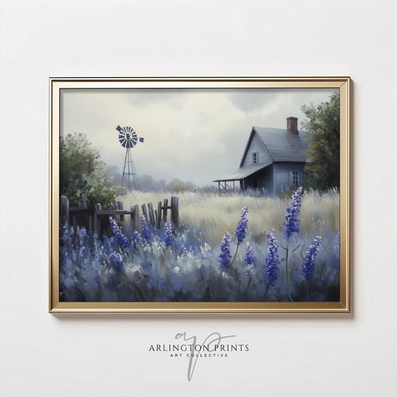 Farmhouse Windmill Lupine Wildflower Field Spring Landscape Art Poster