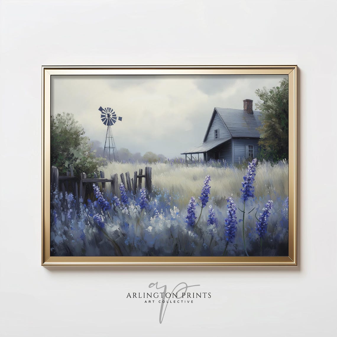 Farmhouse Windmill Lupine Wildflower Field Spring Landscape Art Poster
