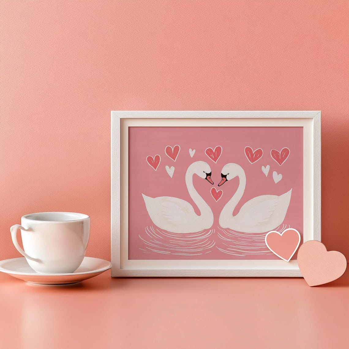 Two White Swans Forming Heart Pink Background Valentine Love Poster - Image 2