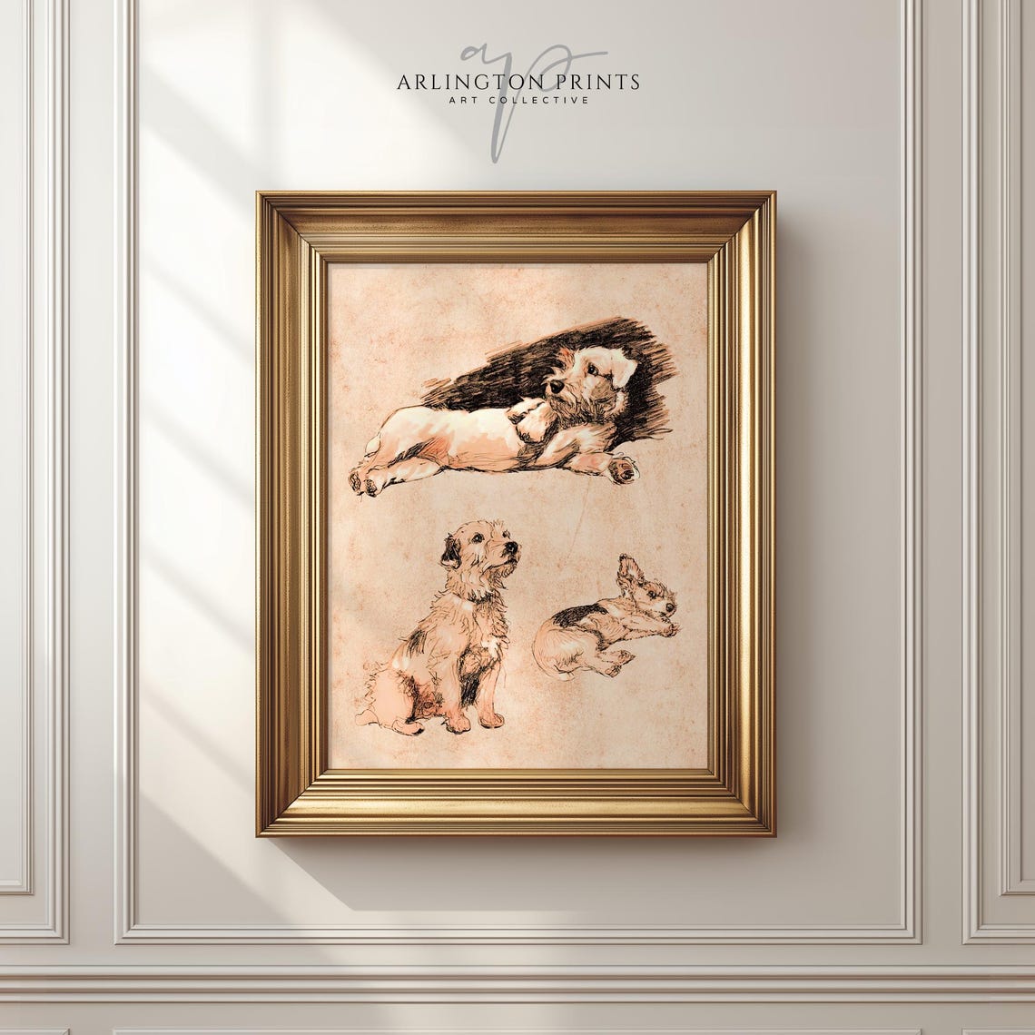 Vintage Terrier Puppy Sketches Antique Rustic Nursery Wall Art