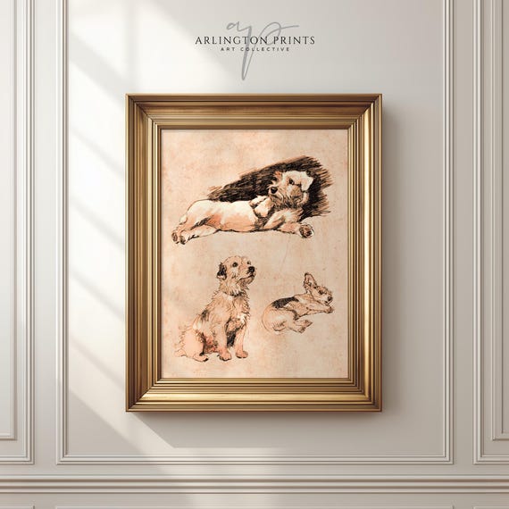 Handdrawn Dog Sketches Rustic Nursery Antique Pet Art Decor