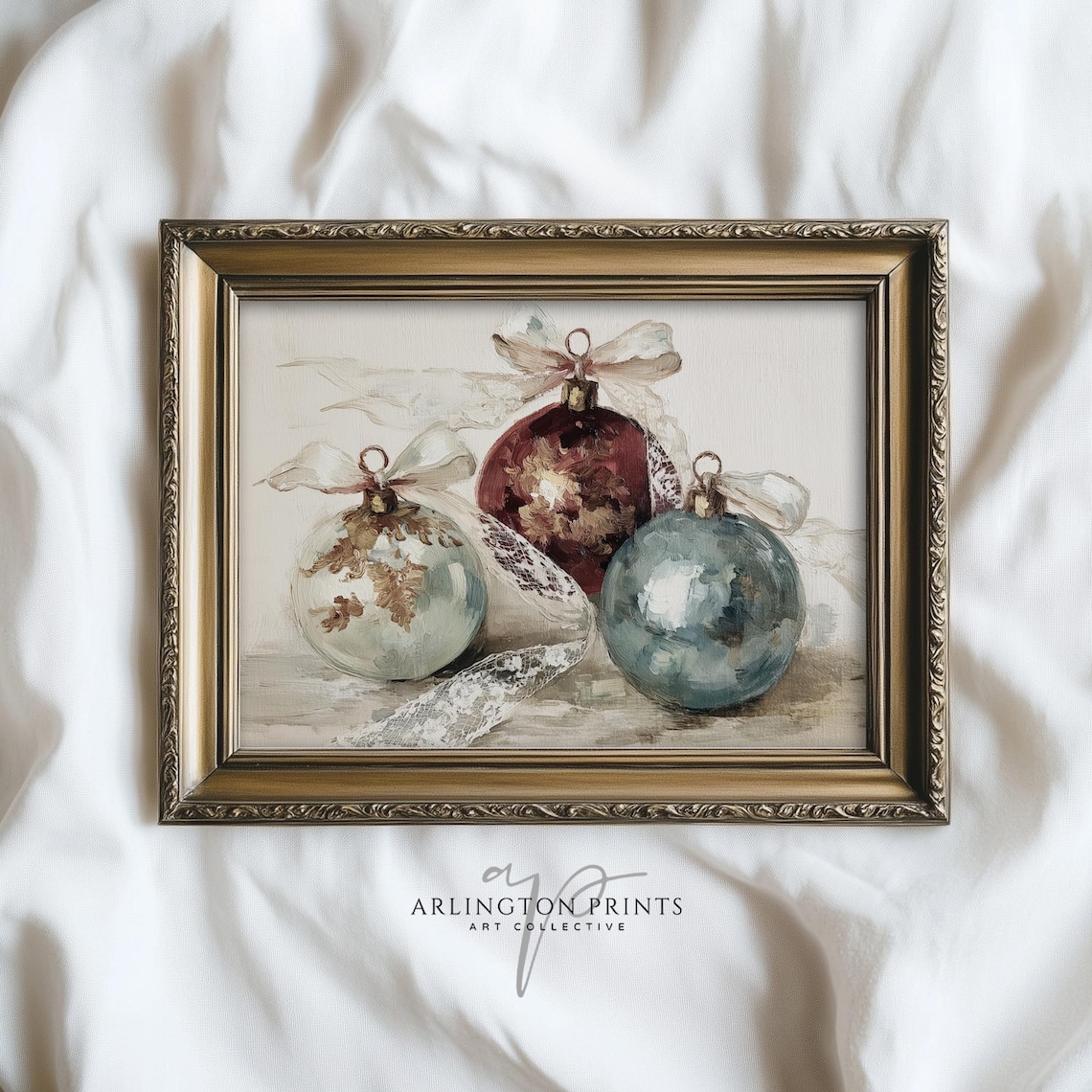 Vintage Christmas Ornaments Lace Bows Painting Festive Holiday Poster