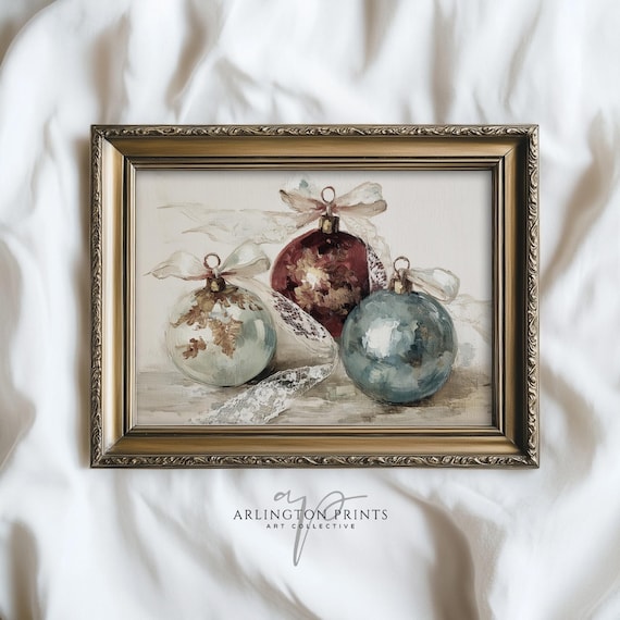 Vintage Christmas Ornaments Lace Bows Painting Festive Holiday Poster