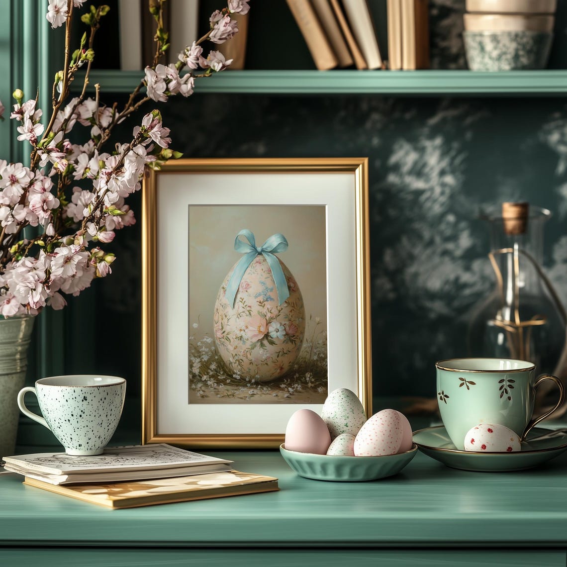 Pastel Floral Easter Egg with Blue Bow among Wildflowers Art Poster - Image 4