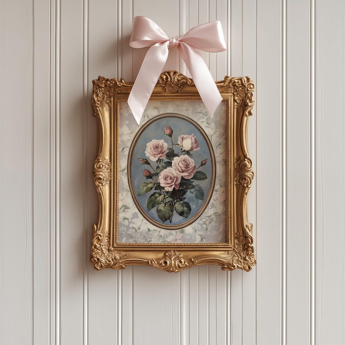 Vintage Pink Roses Oval Frame Romantic Floral Wallpaper Wall Art - Image 2