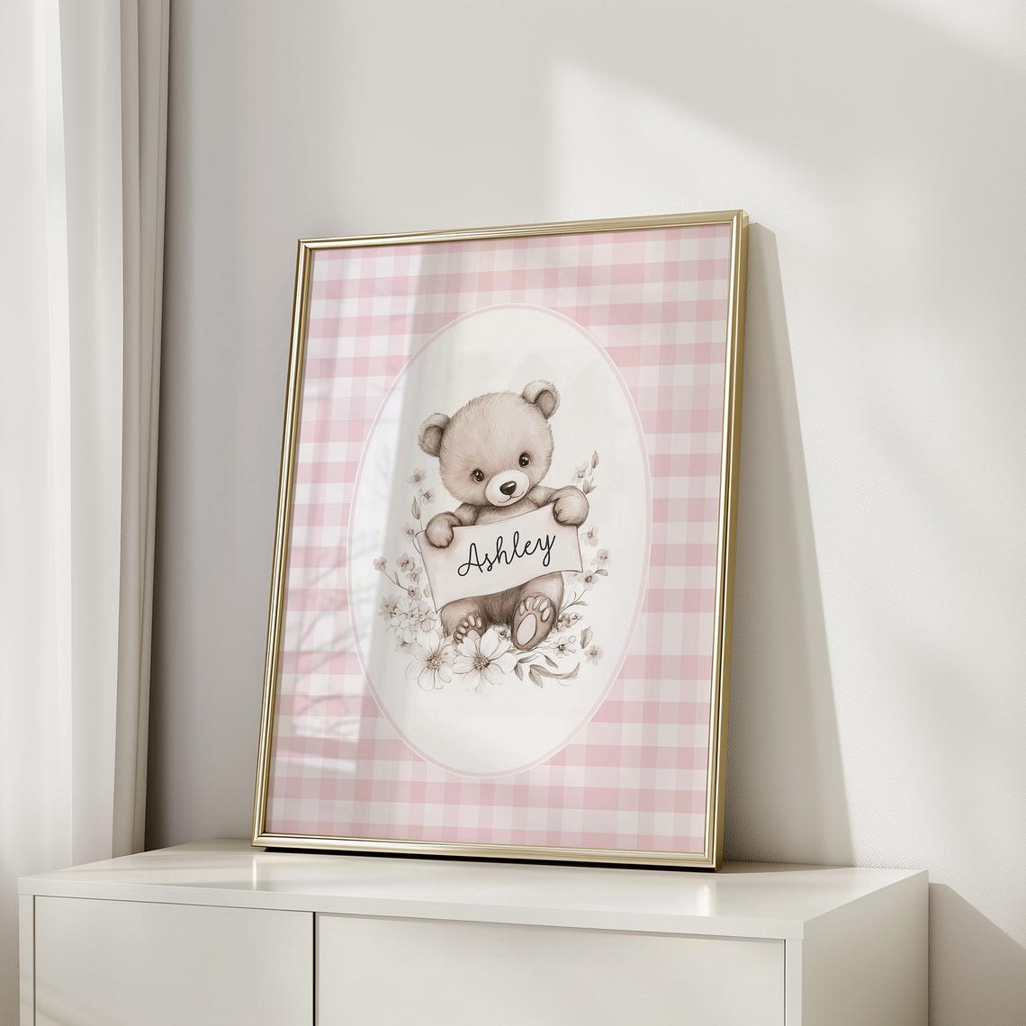 Personalized Teddy Bear Name Banner Pink Gingham Nursery Gift Poster - Image 5
