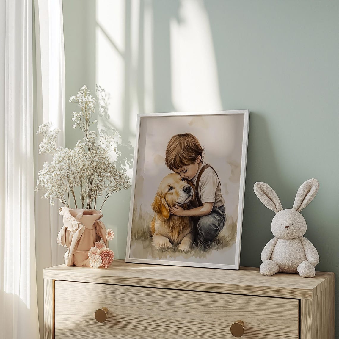 Boy Hugging Golden Retriever Head Heartfelt Watercolor Art Poster - Image 4
