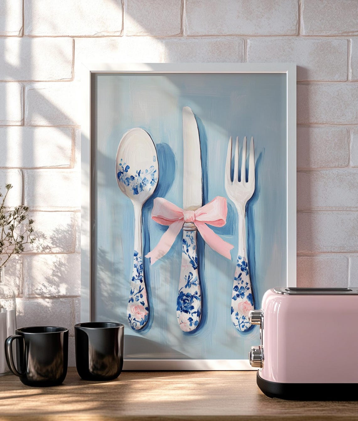 Spoon Knife Fork Floral Porcelain Pink Bow Kitchen Art Print - Image 3