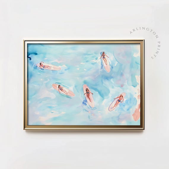 Pink Coastal Beach Surfboard Seascape Art Print