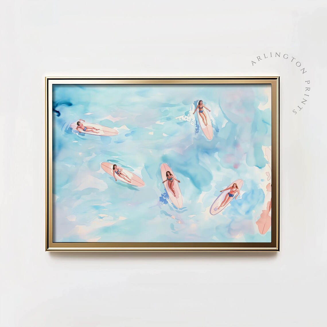 Pink Coastal Beach Surfboard Seascape Art Print