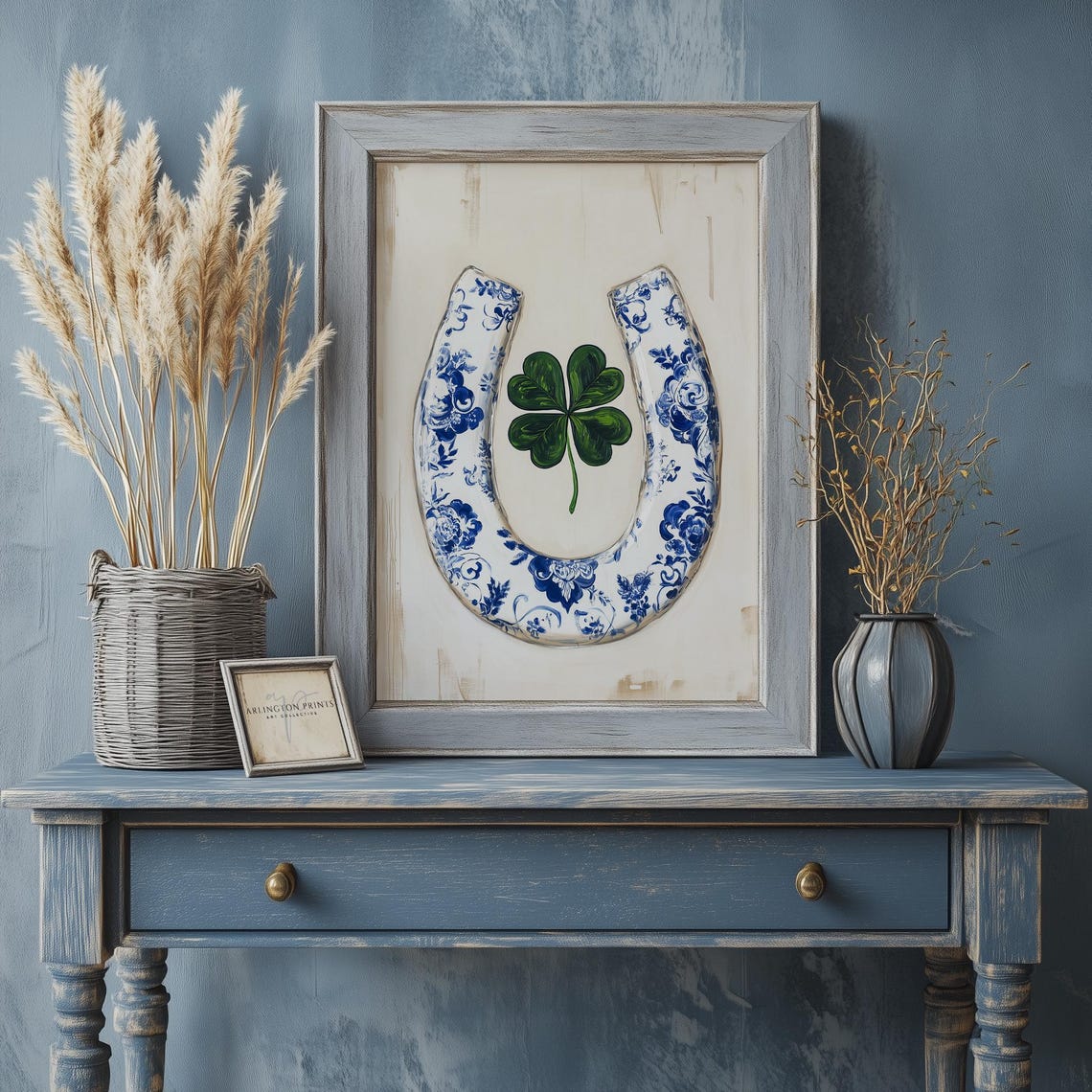 Blue Delft Porcelain Horseshoe Four Leaf Clover Good Luck Print - Image 3