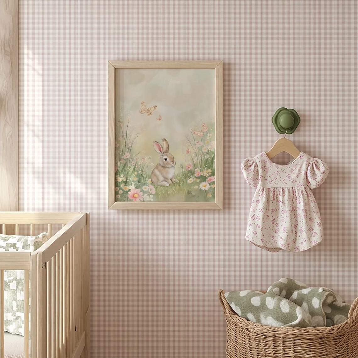 Baby Bunny in Wildflower Meadow with Butterflies Soft Nursery Print - Image 2