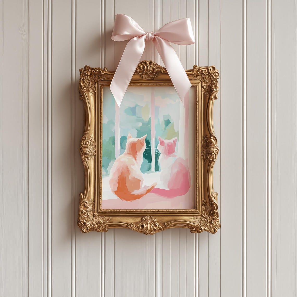 Two Cats Window Watching Pastel Watercolor Sweet Kitty Art Poster - Image 4