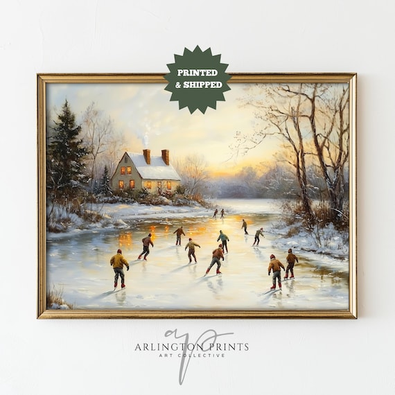Vintage Ice Skating Pond Sunset Cottage Winter Nostalgia Poster