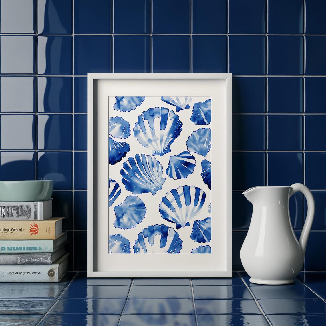 Blue Scallop Seashells Watercolor Pattern Coastal Beach Poster - Image 3