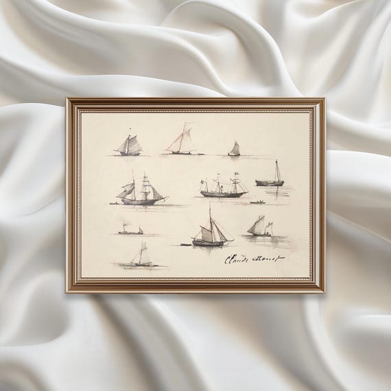 Vintage Boat Print Antique Monet Nautical Drawing French Country Art Living Room Decor Black And White Claude