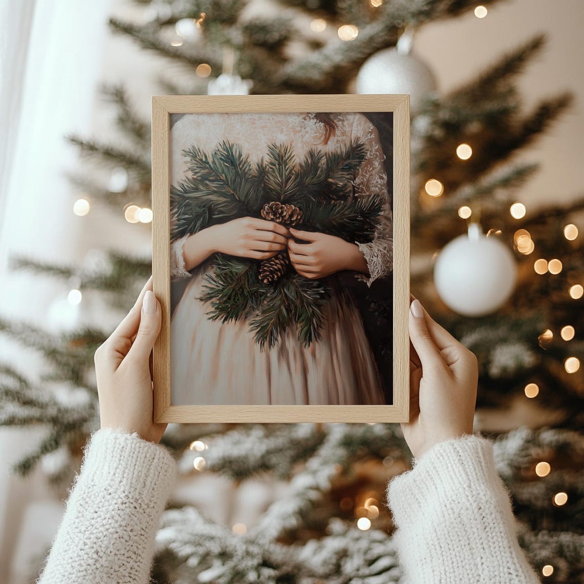 Hands Holding Pinecones Evergreen Vintage Christmas Wall Print - Image 2