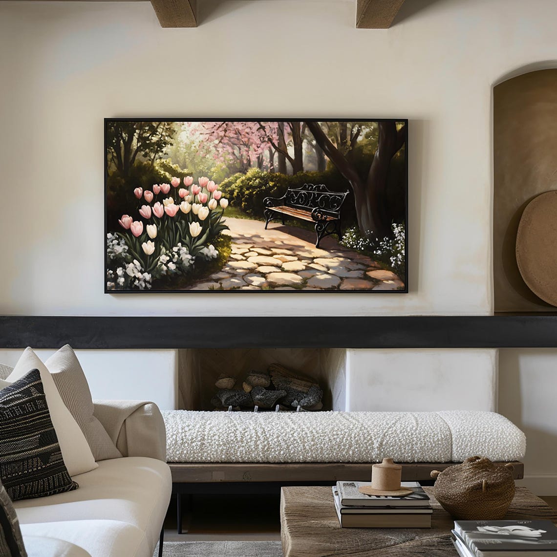 Spring Tulip Garden Path Bench Pastel Frame TV Digital Art Poster - Image 5