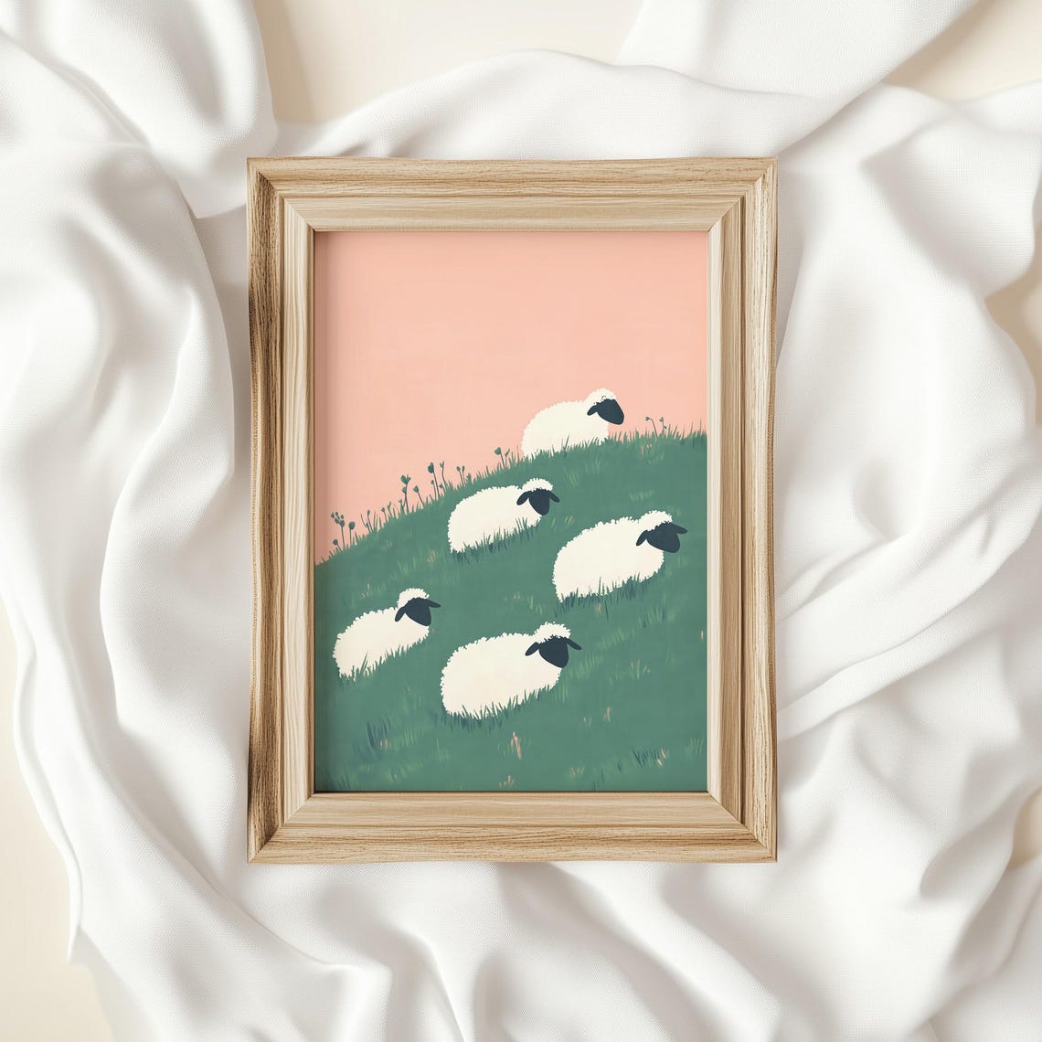 Five Sheep Grazing On Green Hillside Soft Pink Sky Kids Poster - Image 4