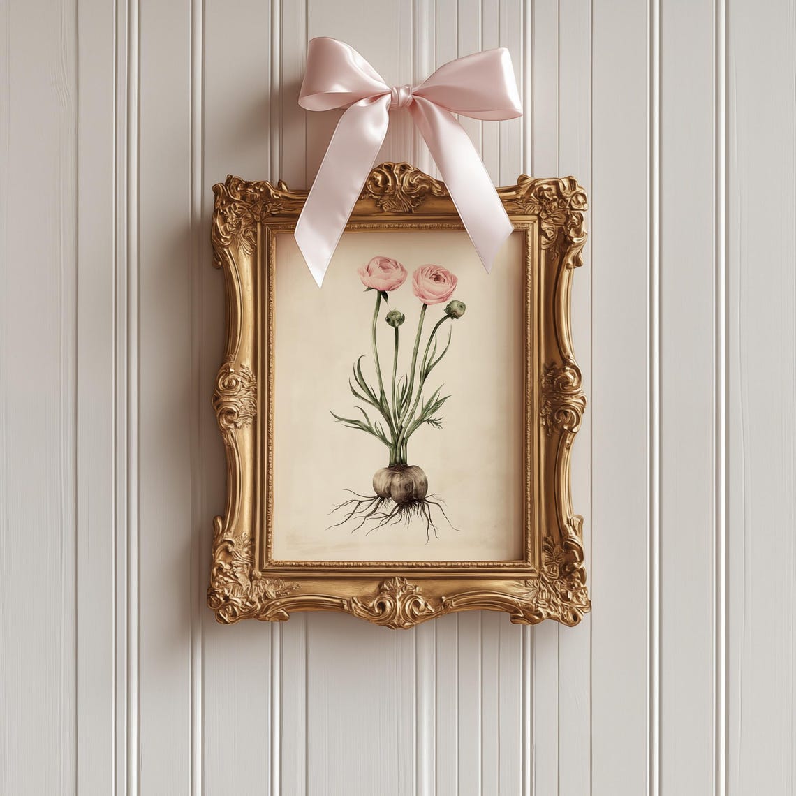 Pink Ranunculus Botanical Illustration Vintage Flower Bulb Wall Art - Image 2