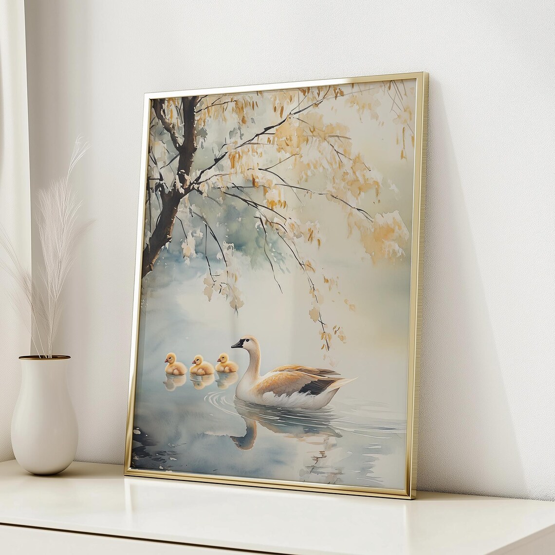 Swan With Baby Cygnets Watercolor Pond Willow Serene Nursery Poster - Image 4
