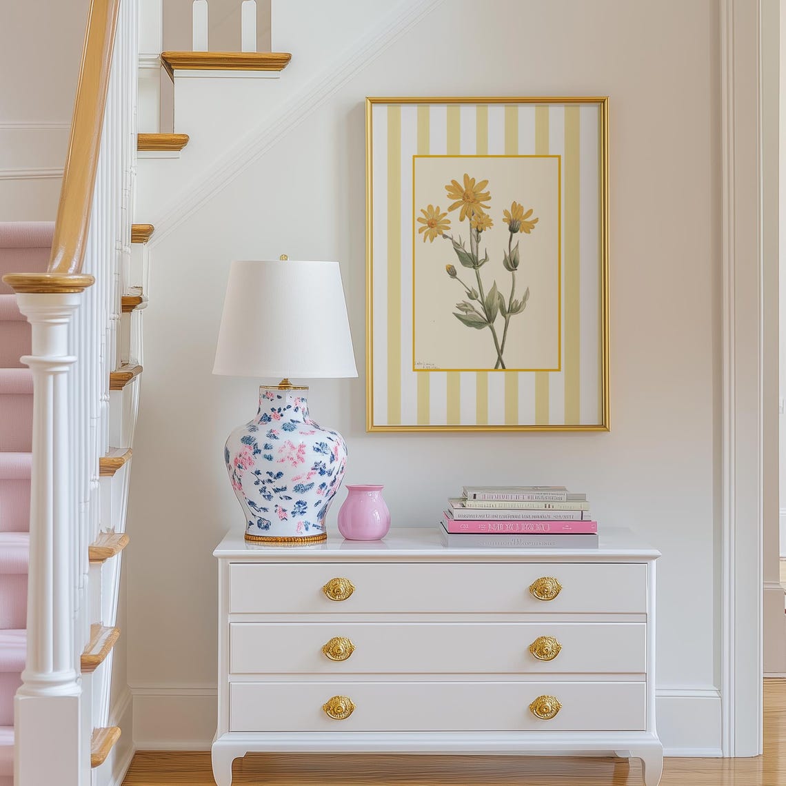 Yellow Daisy Botanical Sketch on Golden Stripes Farmhouse Poster - Image 5