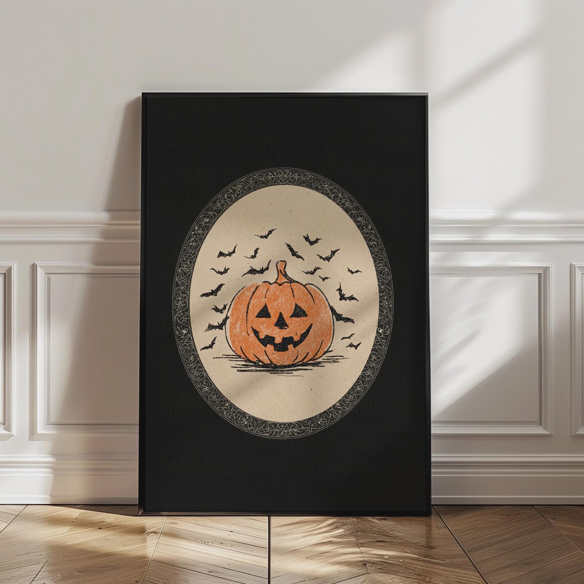 Halloween Pumpkin Print Vintage Jack O Lantern Artwork Gothic Wall Decor Bat Silhouette Poster Spooky Fall Sc815
