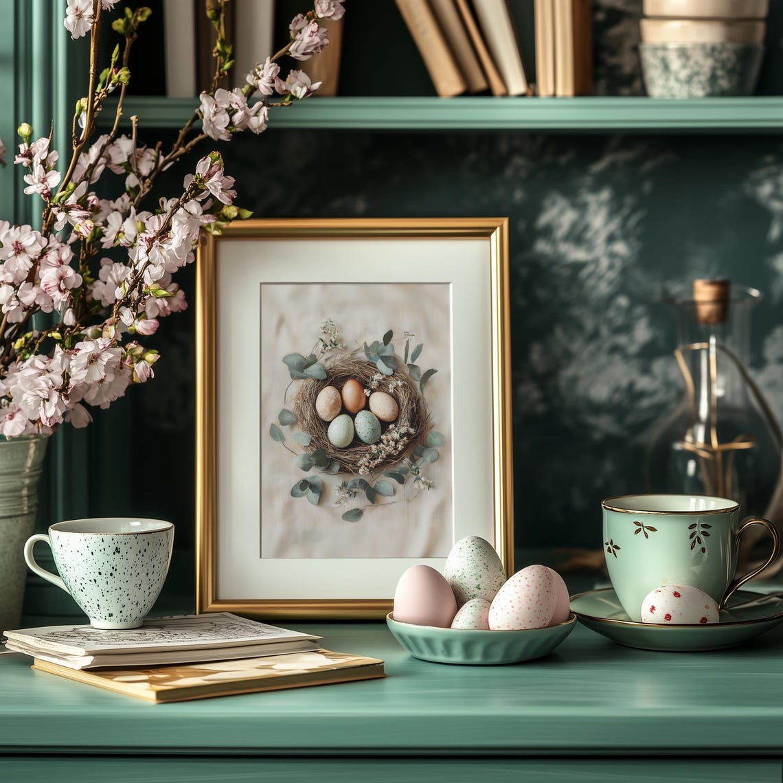 Cottagecore Bird Nest With Speckled Eggs And Eucalyptus Poster - Image 4