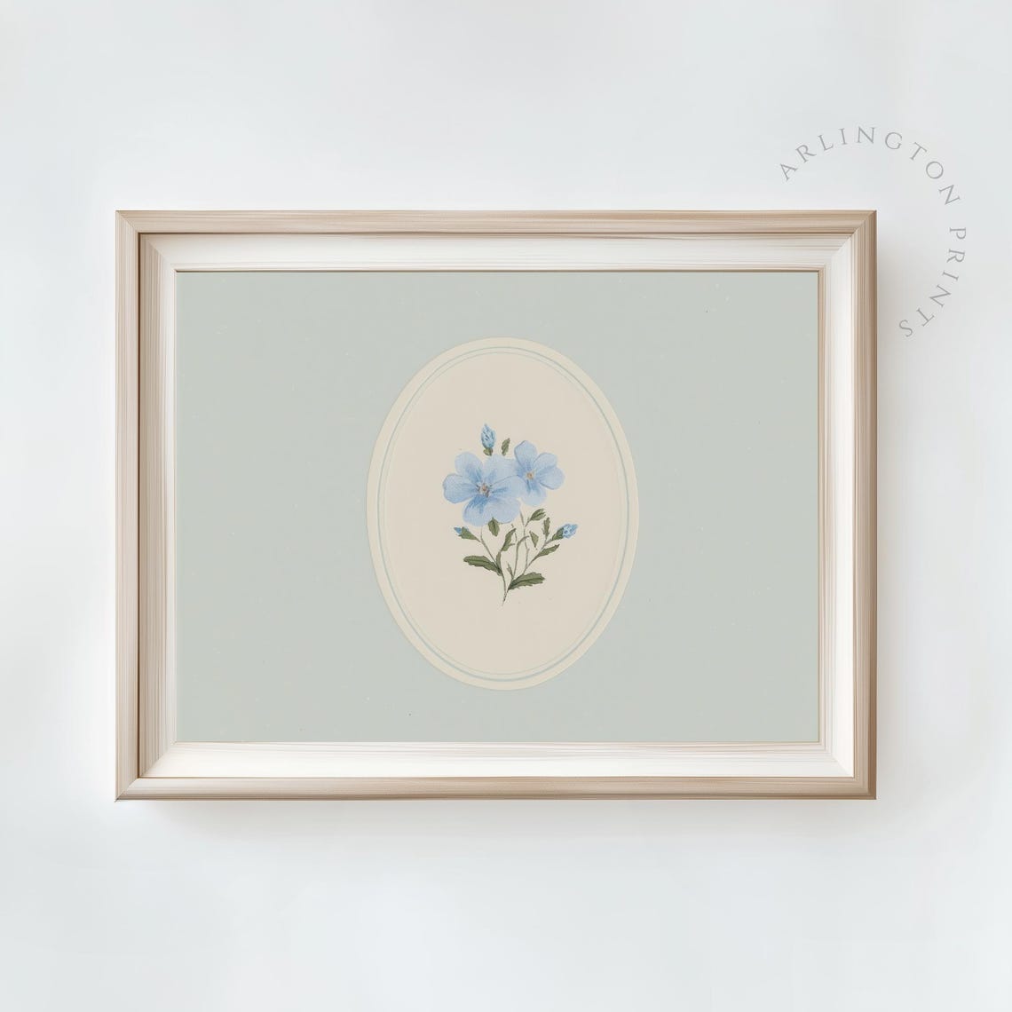 Blue Wildflowers Oval Medallion Sage Green Vintage Botanical Poster