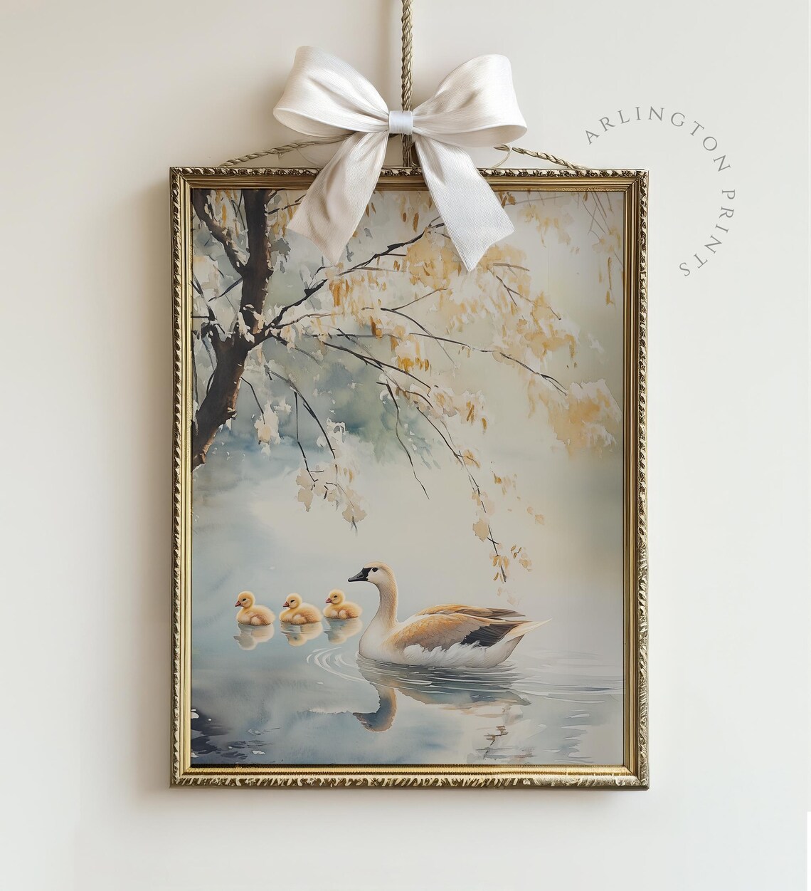 Swan With Baby Cygnets Watercolor Pond Willow Serene Nursery Poster