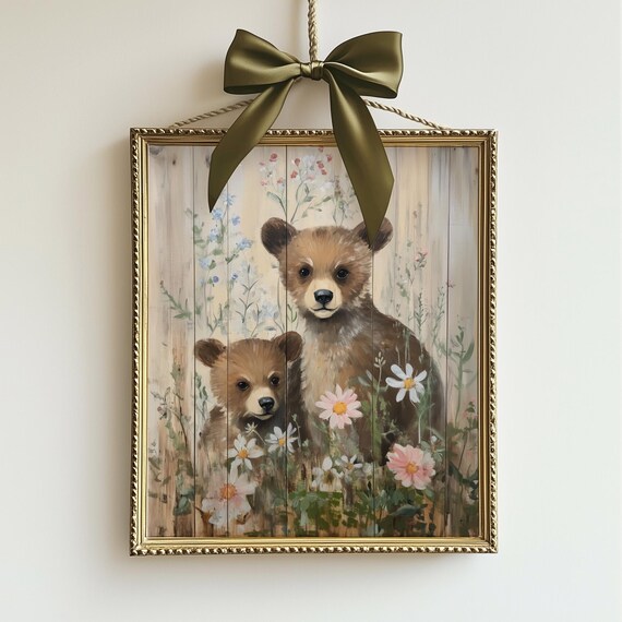 Two Bear Cubs Wildflowers Wood Plank Rustic Nursery Painting Poster