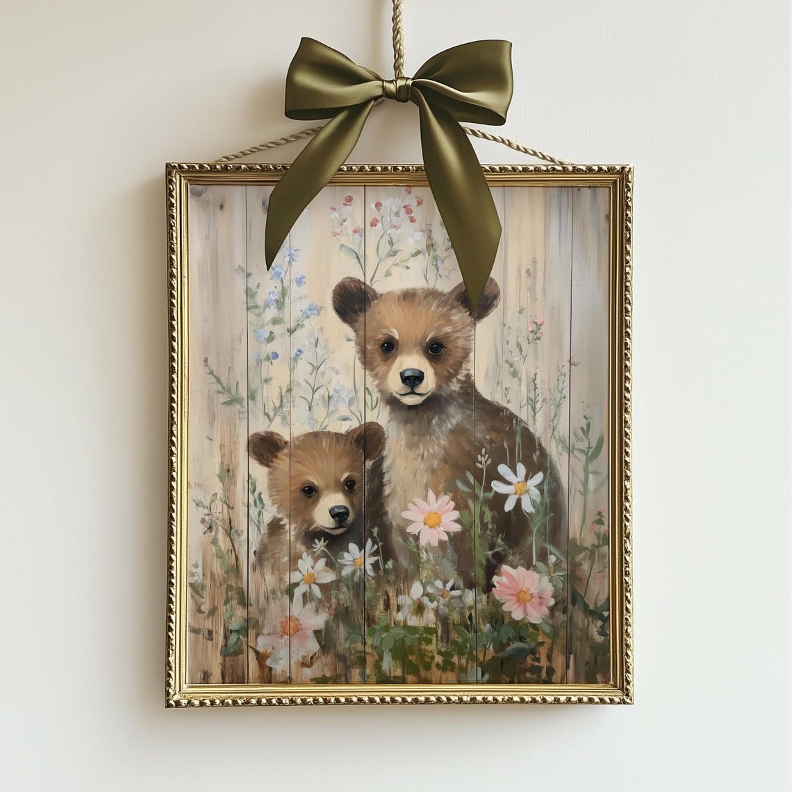 Woodland Bear Cubs Nursery Print Floral Baby Bear Art Print Animal Nursery Decor Bear Folk Art Farmhouse Kids Room Art Ta75