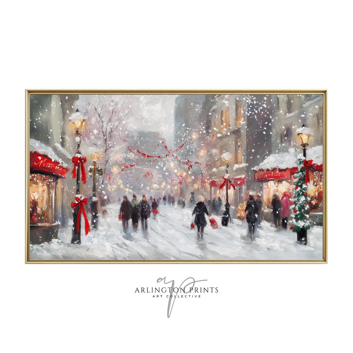 Snowy Main Street Christmas Cityscape Falling Snow Painting Poster