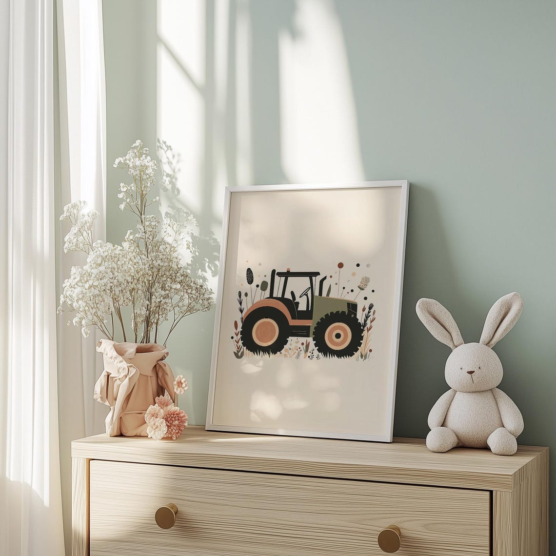 Green Farm Tractor With Wildflowers Nursery Boys Room Art Poster - Image 4