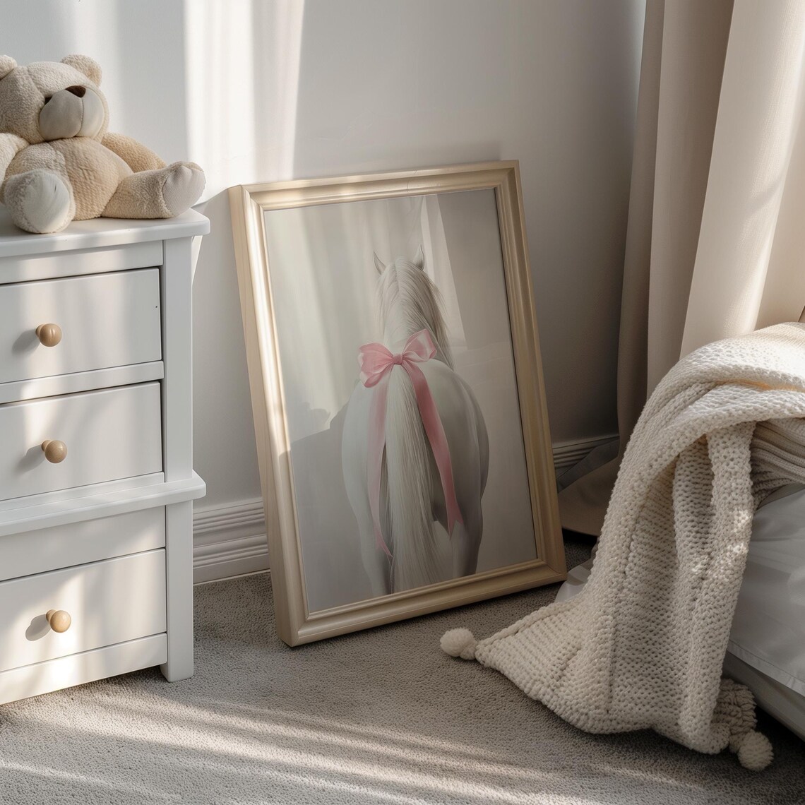 Coquette White Horse Print, Pink Bow Western Art - Image 5