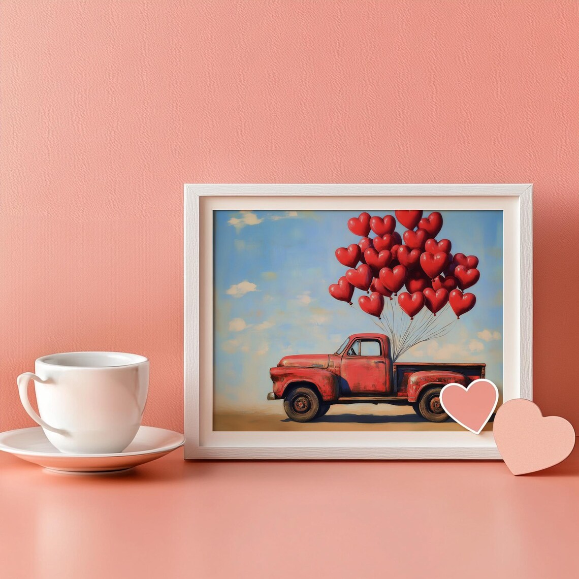 Cute Vintage Red Truck With Heart Balloons Valentines Day Poster - Image 3