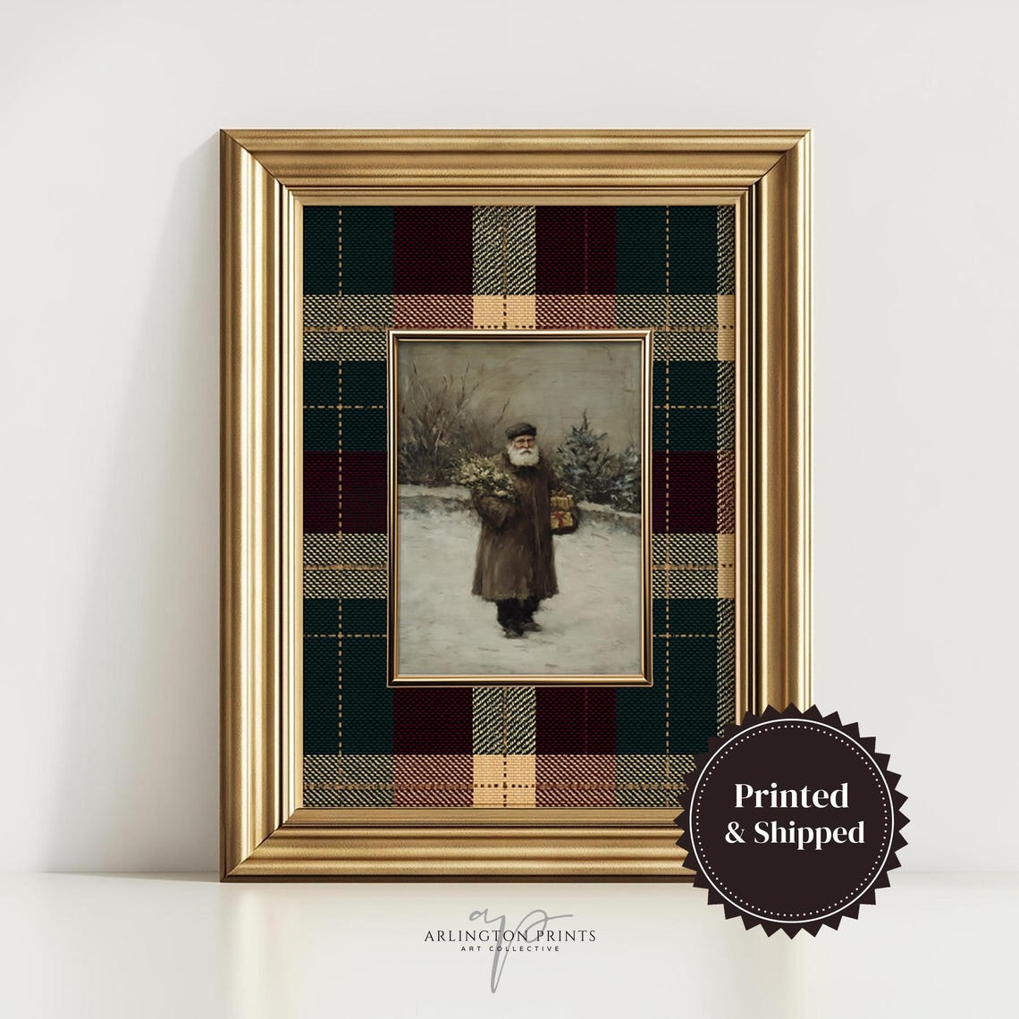 Vintage Santa Walking in Snow Red Plaid Christmas Holiday Wall Art