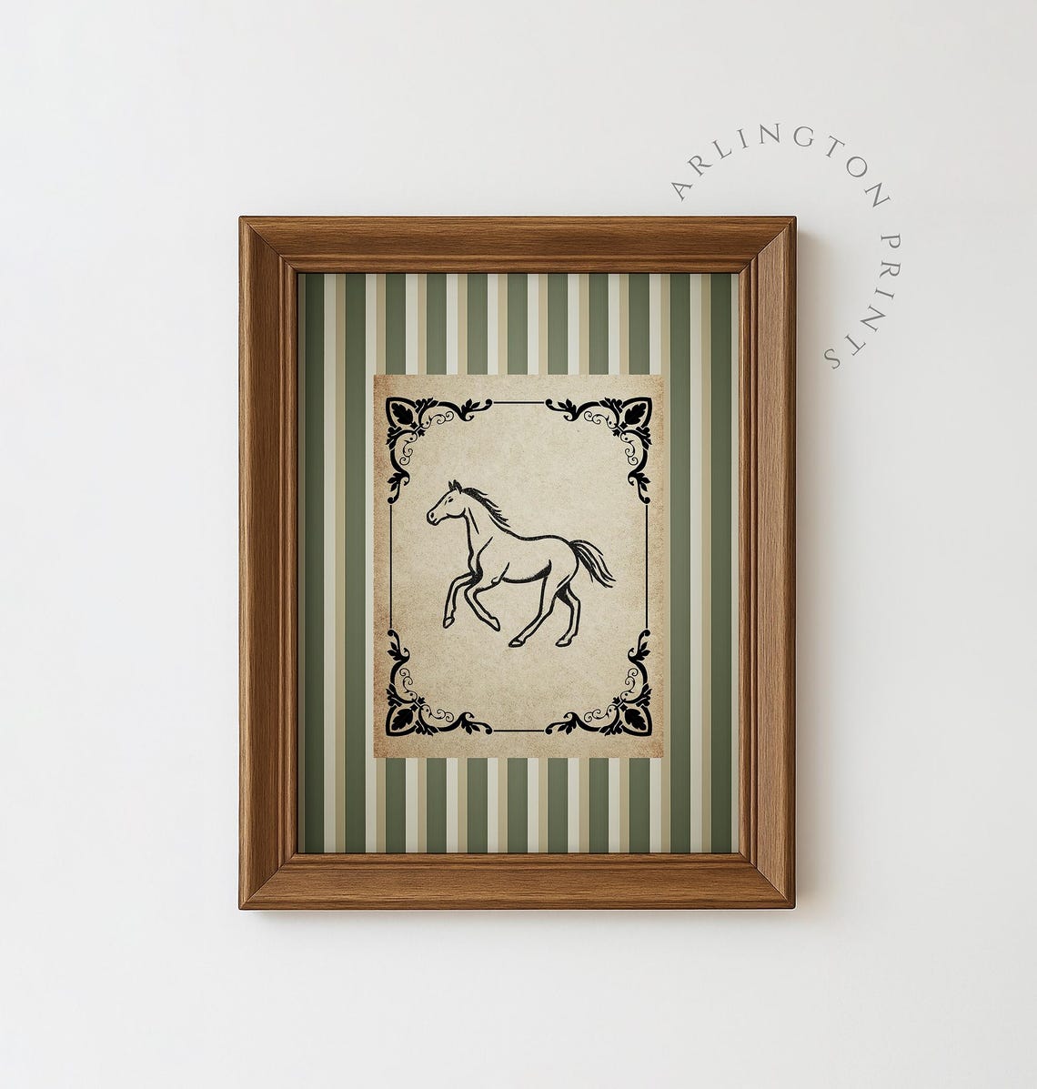 Minimalist Rustic Horse Sketch Equestrian Wall Art With Green Stripes Trendy Western Country Decor 10202