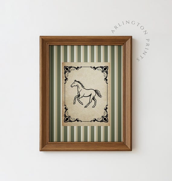 Minimalist Rustic Horse Sketch Equestrian Wall Art With Green Stripes Trendy Western Country Decor 10202