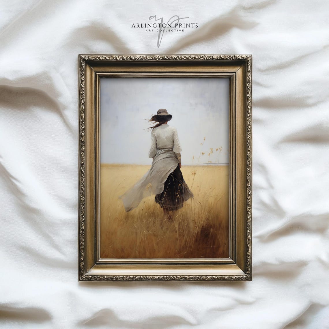 Woman Walking Away Through Golden Wheat Field Painterly Poster