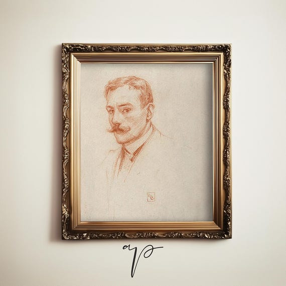 Vintage Sketch Of A Gentleman Moody Wall Art Neutral Man Portrait A4999