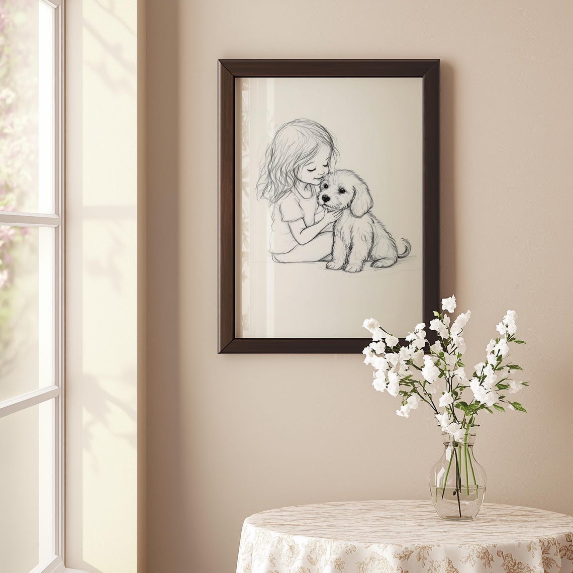 Pencil Sketch of a Little Girl Hugging a Fluffy Puppy Nursery Poster - Image 5