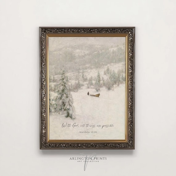 Winter Bible Verse Christmas Wall Art Faith Print With Matthew 1926 Quote Snowy Landscape Painting