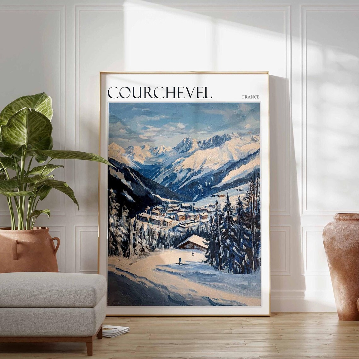Courchevel France Curving Ski Slope Blue Oil Painting Poster