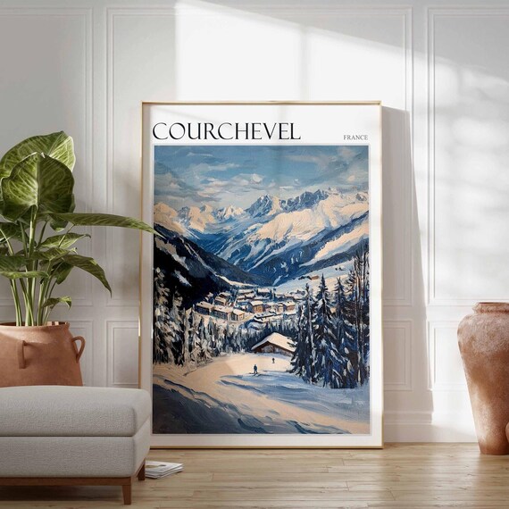 Courchevel France Curving Ski Slope Blue Oil Painting Poster
