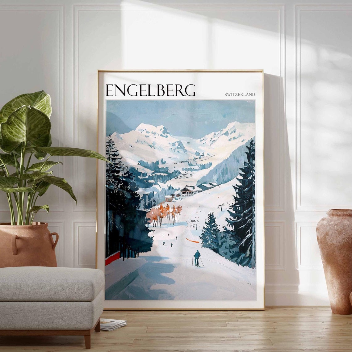Engelberg Switzerland Skiers on Snowy Slope Alpine Ski Scene Poster